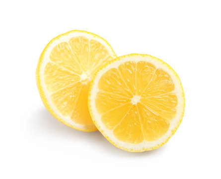 Sliced fresh ripe lemon on white background