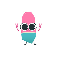 Cute eraser cartoon character with peace hand gesture isolated on white background - funny chancery element personage with smiling face for back to school concept in vector illustration.