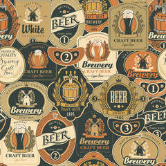 Vector seamless pattern on the theme of beer with various beer labels with images of barrels, beer glasses, mills, laurel wreathes, ears of wheat and other in retro style