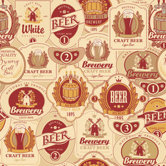 Vector seamless pattern on the theme of beer with various beer labels with images of barrels, beer glasses, mills, laurel wreathes, ears of wheat and other in retro style