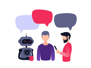 Group of people and robot, colleagues, office workers. Teamwork vector illustration, flat style, coworkers discuss news, chat, dialogue speech bubbles. Artificial intelligence at office.