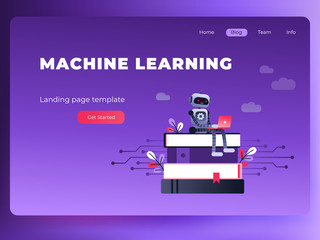 Machine learning algorithm concept with artificial neural network, deep learning. Robot with laptop sitting on stack of books and plants. Vector ultra violet landing page concept.