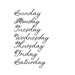 Handwritten Days of Week. Sunday, Monday, Tuesday, Wednesday, Thursday, Friday, Saturday. Modern Calligraphy. Isolated on White Background. Hand lettering calendar