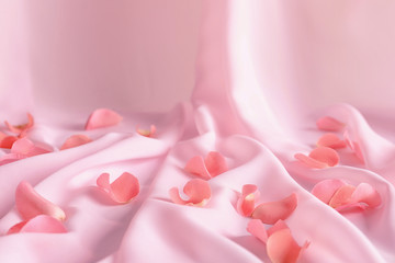 Fototapeta na wymiar Beautiful rose petals on soft pink fabric