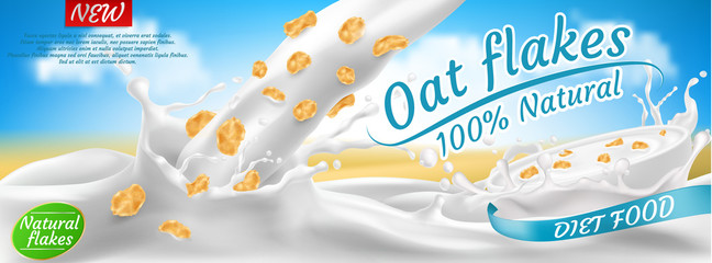 Vector realistic promotion banner of oat flakes in milk or yogurt splashes. Natural cereals, healthy diet food for morning breakfast. Mockup for brand advertising, product packaging design