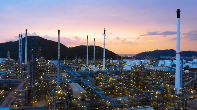 Aerial view footage of Oil refinery, Oil Industry at sunset.