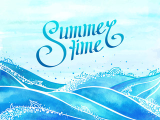 Beautiful Summer time and ocean wave background illustration with calligraphy text. Watercolor of ocean and sea wave with ornamental sea foam and seashells on sky background. Horizontal vector card. 