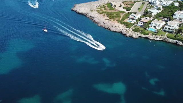 Aerial: Boats in the bay of Cala D'Or, Mallorca