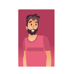 Obraz na płótnie Canvas Brunette young man flat avatar for social networks, blogs use. Bearded smiling guy in pink tshirt, handsome male character portrait. Vector illustration on red background.