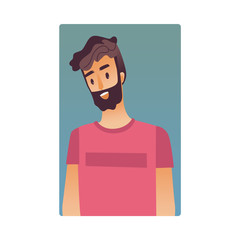 Brunette young man flat avatar for social networks, blogs use. Bearded smiling guy in pink tshirt, handsome male character portrait. Vector illustration on blue background.