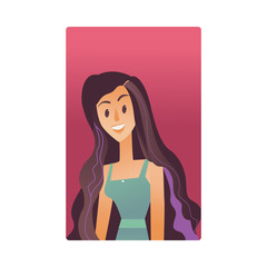 Brunette young woman flat avatar for social networks, blogs use. Long haired smiling girl in dress, cute happy female character portrait. Vector illustration on red background.