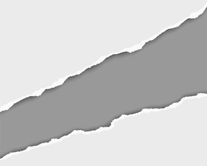 Ripped long hole in sheet of white paper with dark gray color of resulting background. Vector template paper design.