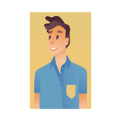 Brunette young man flat avatar for social networks, blogs use. Smiling guy in blue tshirt, handsome male character with stylish haircut portrait. Vector illustration on yellow background.