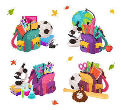 Back to school. Collection of colorful school backpacks compositions. Schoolbags full of study supplies isolated on white background. Vector illustration.