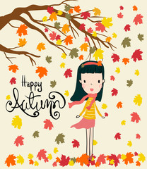 vector a girl standing under dry leaves falling tree in autumn season, wind blow with Hello autumn word