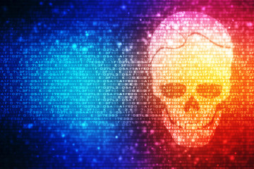 Concept of cyber crime, internet piracy and hacking, shape of skull combined with binary code