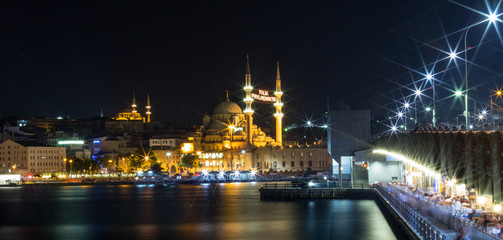 Long exposure shot of Yeni(New) Mosque,Eminonu and Galata Bridge