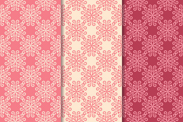 Set of red floral ornaments. Cherry pink vertical seamless patterns
