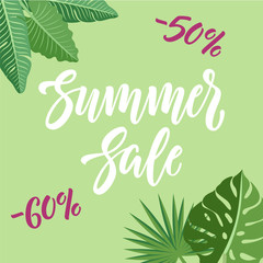 Summer sale and discounts design with lettering and tropical leaves on green background.