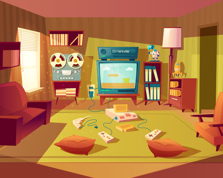 Vector illustration of cartoon living room at 80s, 90s. Video games, VHS recorder for children. Front view from sofa to TV set, vinyl player. Light from window on furniture, carpet. Domestic interior