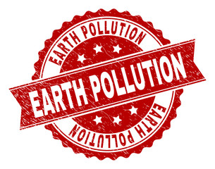 Obraz premium EARTH POLLUTION seal print with corroded surface. Rubber seal imitation has circle medal form and contains ribbon. Red vector rubber print of EARTH POLLUTION title with corroded texture.