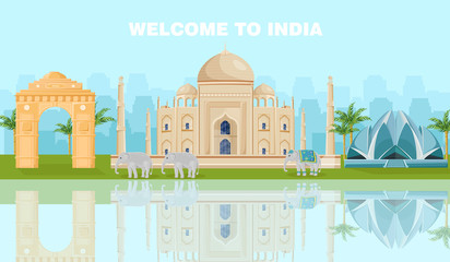 Welcome to India card with famous landmarks Vector