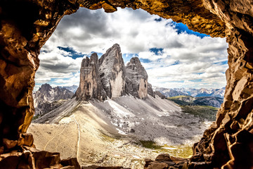 View of the Tre Cime di Lavaredo from a cave post in the First World War, Dolomites, Italy