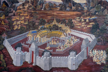 Obraz premium BANGKOK, THAILAND - June 3, 2018:Ancient Thai mural painting of Ramakien epic inside of Wat Phra Kaew in Bangkok, Thailand.Ramakien is national epic of Thailand derived from Hindu Ramayana epic.