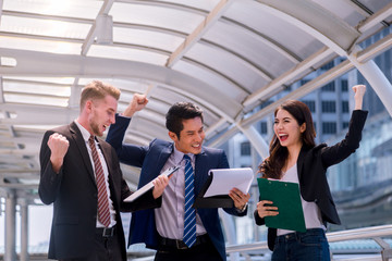 Business People Success Team Celebration Concept teamwork Hands raise.