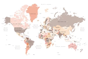 Papier Peint photo Lavable Carte du monde carte du monde - toutes les couches décrites étoiles-Illustration colorée d& 39 une carte du monde montrant les noms de pays, les noms d& 39 État (États-Unis et Australie), les capitales, les principaux lacs et océans. Imprimez à pas moins de 36&quot 