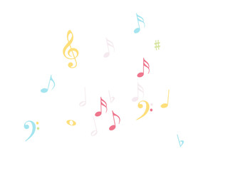 Fototapeta premium Music Notes Confetti Falling Chaos Vector. Music Symbols Texture Poster Background Elements. Party Night, Festival, Celebration or Concert, Melody Notes Trail. Decorative Song Sheets Chaos Effect.