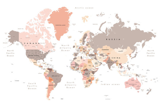 world map - all layers outlined stars-Colourful Illustration showing country names, State names (USA & Australia), capital cities, major lakes and oceans. Print at no less than 36