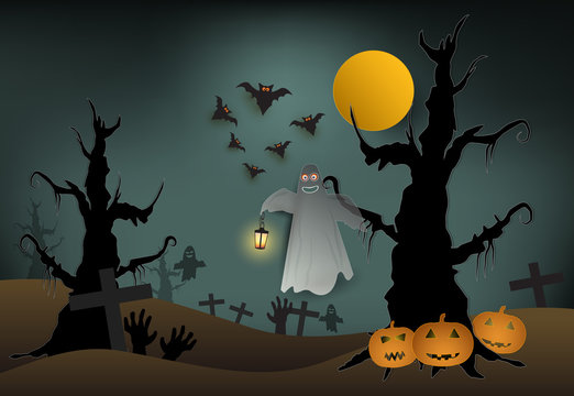 Ghost in cemetery and pumpkin Halloween paper art background, paper cut style illustration