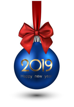 Blue 2019 New Year Christmas ball with red satin bow.