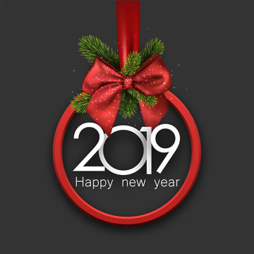 Grey 2019 happy New Year background with red round frame and bow.