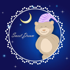 Teddy bear with the moon and sweet dream text on night sky background