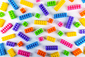 colorful toy plastic building blocks. top view