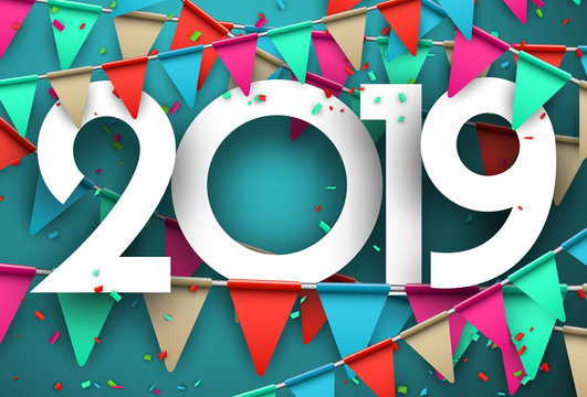Festive 2019 new year card with colorful flags.