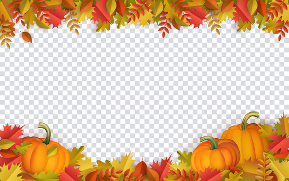 Autumn leaves and pumpkins border frame with space text on transparent background. Seasonal floral maple oak tree orange leaves with gourds for thanksgiving holiday, harvest decoration vector design.