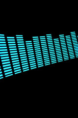Luminous panel of pixels, with neon blue and green color and an equalizer on a black background