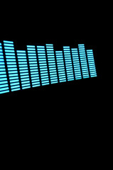 Luminous panel of pixels, with neon blue color and an equalizer on a black background