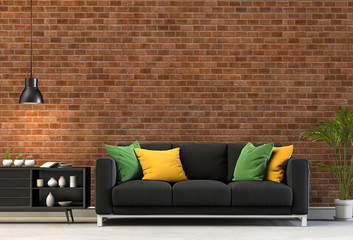 3D rendering of living room with brick  wall in modern house, Loft interior design