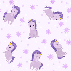 Seamless cute pattern with cute violet unicorns and flowers. Pretty hand drawn vector texture. Childish texture for fabric, textile.