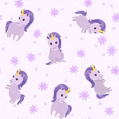 Fotobehang Seamless cute pattern with cute violet unicorns and flowers. Pretty hand drawn vector texture. Childish texture for fabric, textile. © lisannart