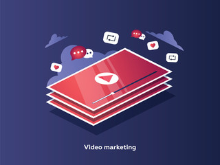 Video marketing concept. Tablet screen with an icon of video player and icons for mobile applications.