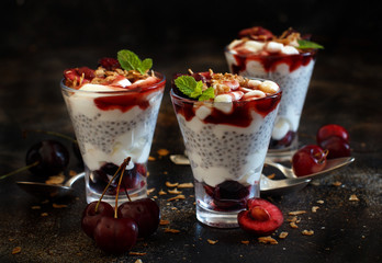 Cherry and yogurt chia pudding parfait