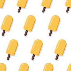 Seamless Pattern with image of yellow Popsicle ice cream on white background. Vector illustration.