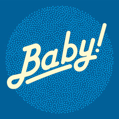 Cursive lettering of the word BABY in light yellow color, over bright stippled circle area, made of randomly placed small dots. Isolated illustration on dark blue background. Vector.
