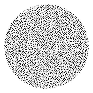Circle shaped background made of black dots. Circular area made of randomly placed little spots. Spotted area. Isolated illustration on white background. Vector.
