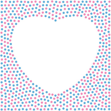 Heart shaped background made of colored baby blue and baby pink dots. Empty space and heart area on  white background for additional text. Made of randomly placed little spots. Illustration. Vector.